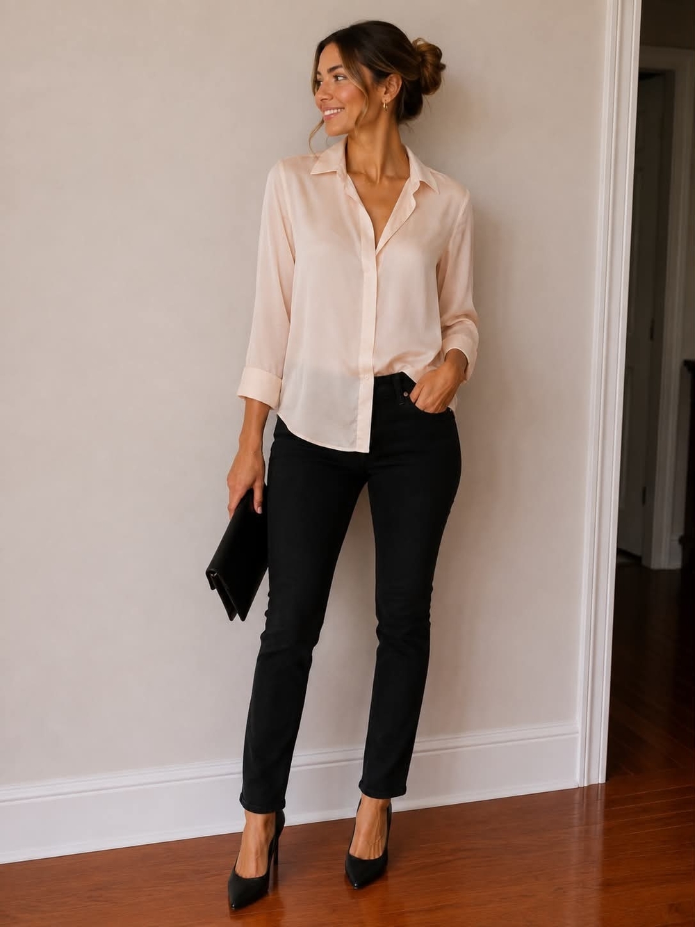 Theory Silk Button-Up Blouse in Pale Blush